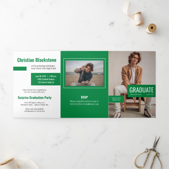 Blocks of Green Four-Photo Graduation Tri-Fold Inv Invitation (Outside)