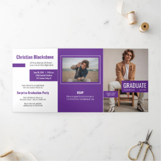 Blocks of Purple Four-Photo Graduation Tri-Fold Invitation