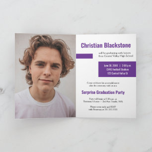 Blocks of Purple Three-Photo Graduation Invitation