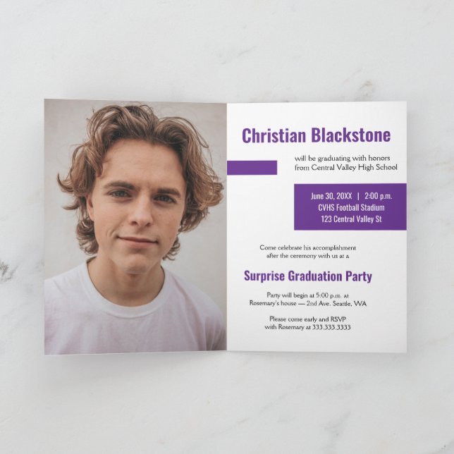 Blocks of Purple Three-Photo Graduation Invitation (Inside)