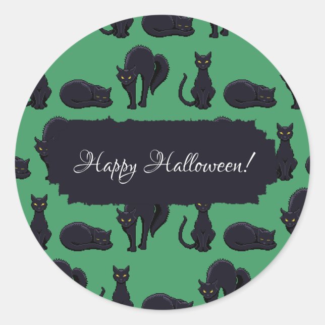 Blocky Black Cats Halloween Pixel Art Pattern Classic Round Sticker (Front)