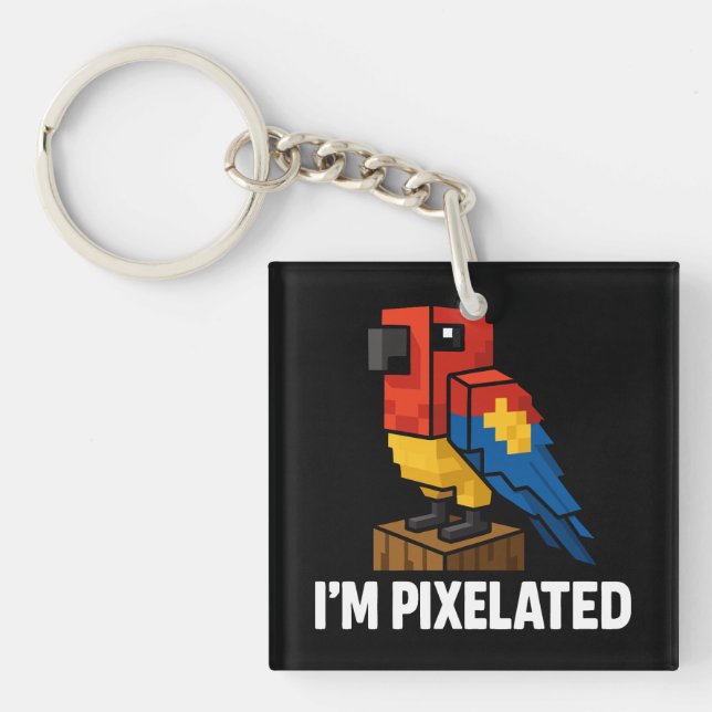 Blocky Jungle Parrot Pixelated Parrot Pixel Art Key Ring (Front)