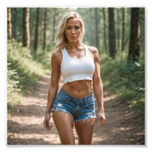 Blond Babe in Denim Shorts Wandering in Forest Photo Print