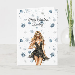 Blond Black Dress Snowflakes Christmas Card