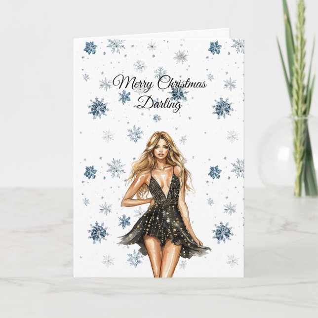 Blond Black Dress Snowflakes Christmas Card (Front)