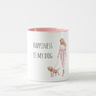 Blond Hair Lady Walking Dog Mug