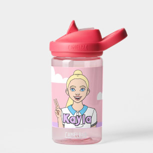 Blond Pink Cartoon Girl School Student Water Bottle