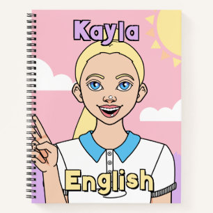 Blond Pink Cartoon Girl School Subject Notebook