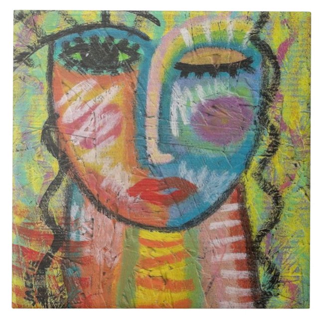 Blonde Abstract Acrylic Portrait on OSB Tile (Front)