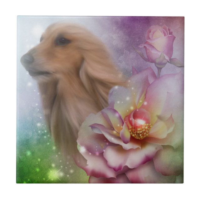 Blonde Afghan Hound Flowers Dog Tile (Front)