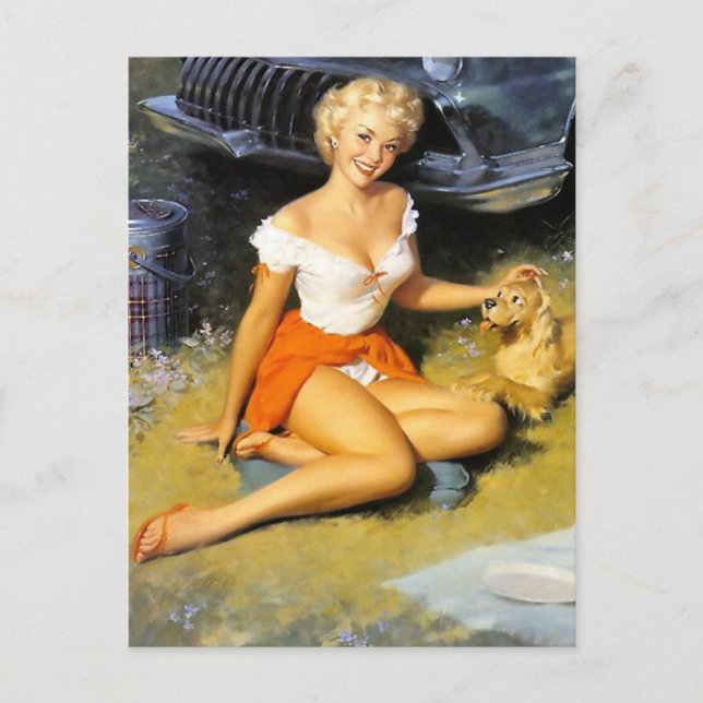 Blonde and Puppy Pin Up Postcard (Front)
