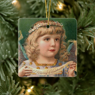 Blonde Angel with Christmas Banner Ceramic Ornament