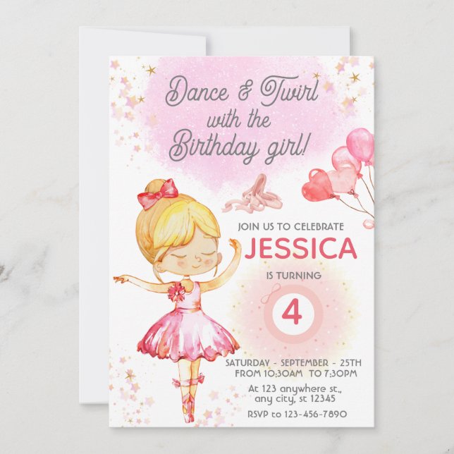 Blonde Ballerina girl birthday ballet  Invitation (Front)