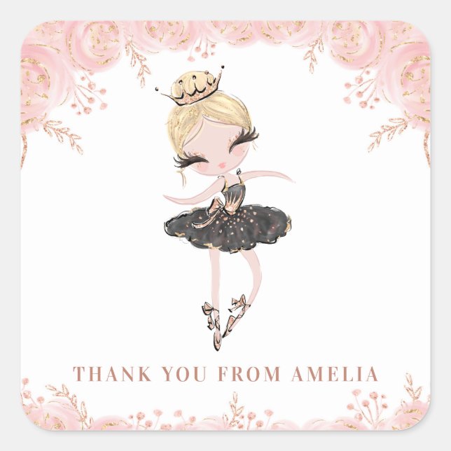 Blonde Ballerina in Black Dress Floral Birthday Square Sticker (Front)