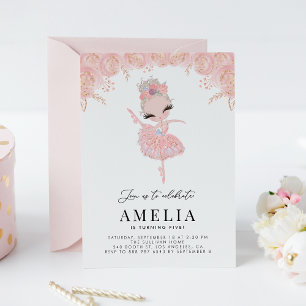 Blonde Ballerina in Pink Dress Floral Birthday Invitation