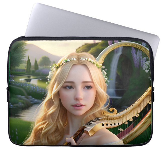 Blonde Beautiful Muse Playing a Harp Laptop Sleeve (Front)