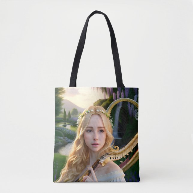 Blonde Beautiful Muse Playing a Harp Tote Bag (Front)