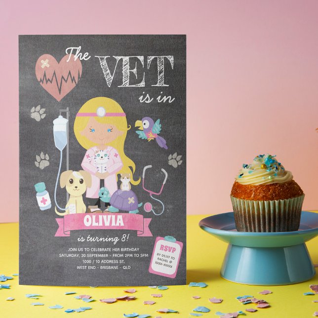 Blonde Blue Eyed Chalkboard Vet Birthday Party Invitation (his girl’s vet birthday invitation is just the right medicine to your celebration)