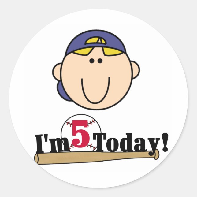 Blonde Boy Baseball 5th Birthday Classic Round Sticker (Front)