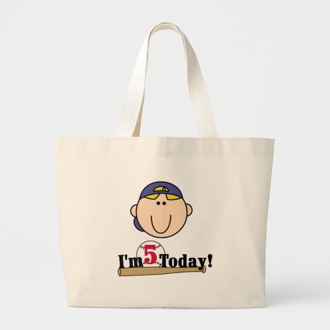 Blonde Boy Baseball 5th Birthday Large Tote Bag (Front)