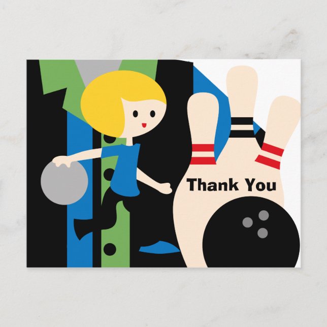 Blonde Boy Bowling Birthday Thank You Postcard (Front)