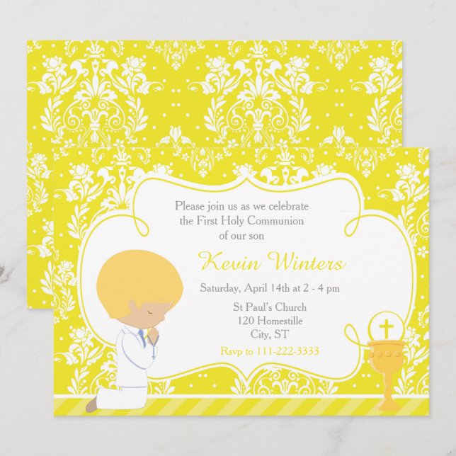 Blonde Boy First Communion Damask Invitation (Front/Back)