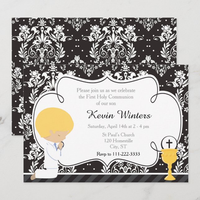 Blonde Boy First Communion Damask Invitation (Front/Back)