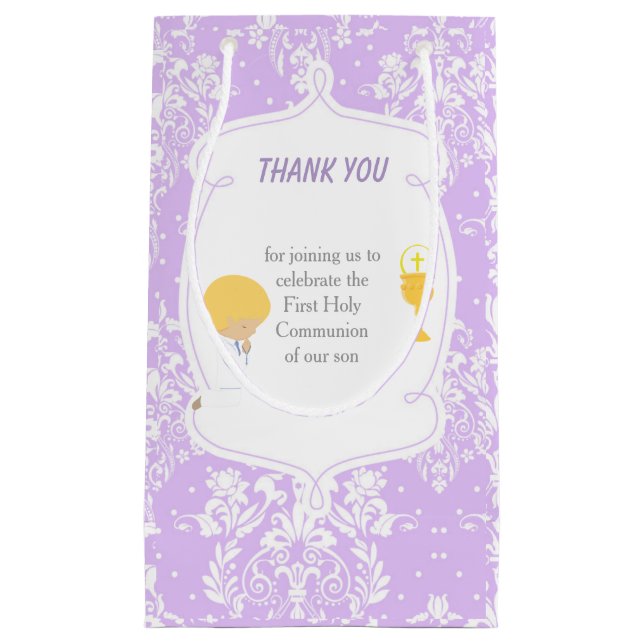Blonde Boy First Communion Damask Small Gift Bag (Front)
