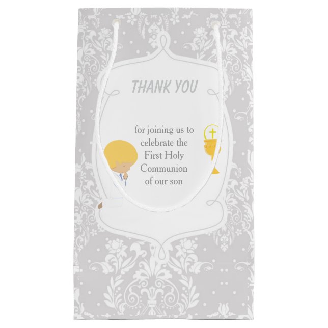 Blonde Boy First Communion Damask Small Gift Bag (Front)