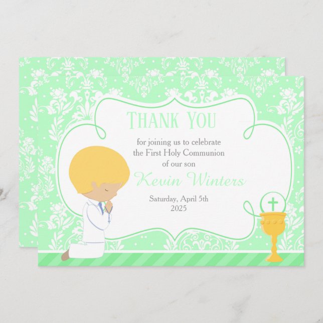 Blonde Boy First Communion Damask Thank You Card (Front/Back)