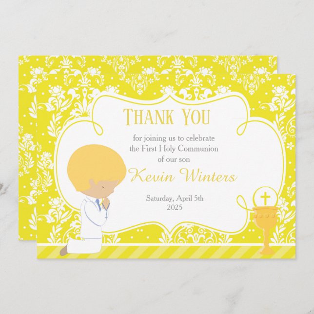 Blonde Boy First Communion Damask Thank You Card (Front/Back)
