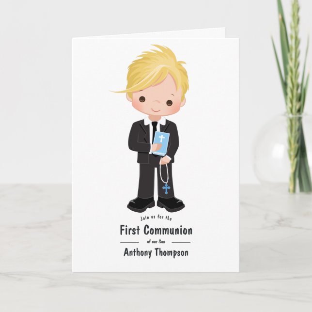 Blonde Boy First Holy Communion Photo Invitation (Front)