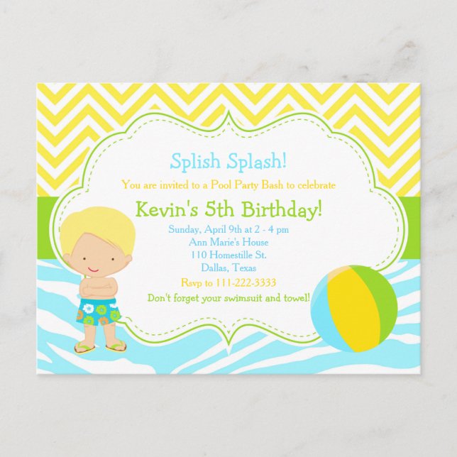 Blonde Boy Pool Party Bash Party Postcard (Front)