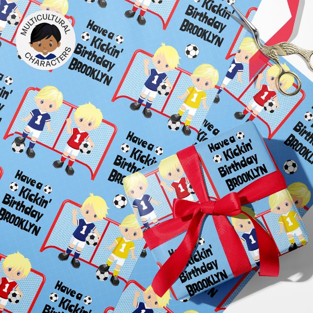 Blonde Boy Soccer Birthday Personalised Wrapping Paper (Creator Uploaded)