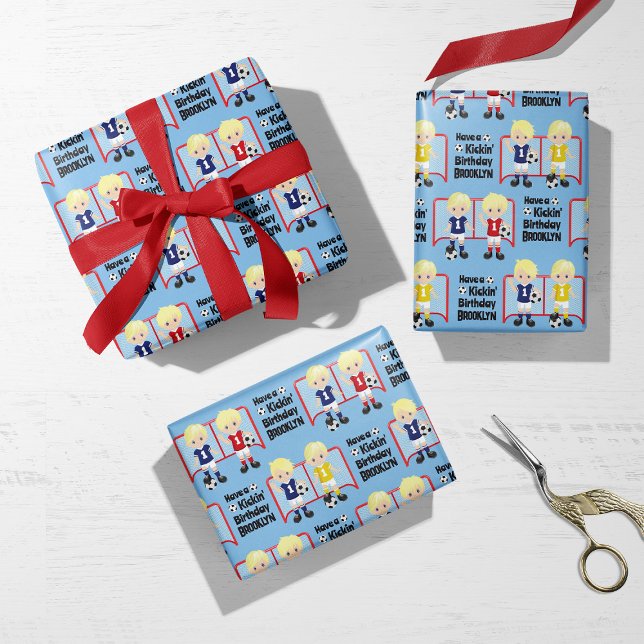 Blonde Boy Soccer Personalised Wrapping Paper Sheet (Creator Uploaded)