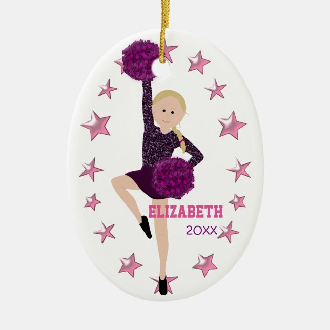 Blonde Braid Pom Squad Personalised Keepsake Ceramic Tree Decoration (Front)