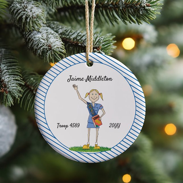 Blonde Cadette Girl Scouting Blue Stripe Ceramic Tree Decoration (Creator Uploaded)