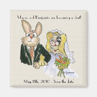 Blonde Cartoon Rabbits Wedding Save the Date Magne