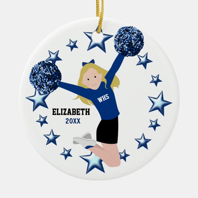 Blonde Cheerleader Pom Poms in Blue & Black Ceramic Tree Decoration (Front)