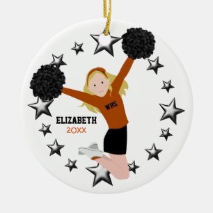 Blonde Cheerleader Pom Poms in Orange & Black Ceramic Tree Decoration