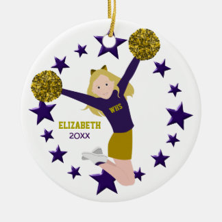 Blonde Cheerleader Pom Poms In Purple & Gold Ceramic Tree Decoration