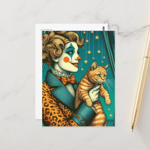Blonde Circus Clown and a Ginger Kitty Postcard