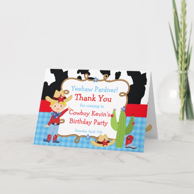Blonde Cowboy Western Birthday Party Thank You Card (Front)