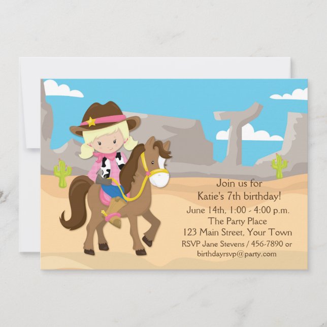Blonde Cowgirl on Horse, Birthday Invitation (Front)