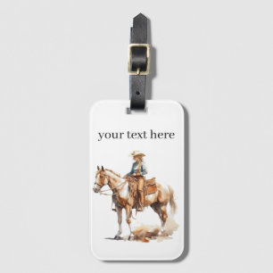 blonde cowgirl riding a brown horse, customisable luggage tag