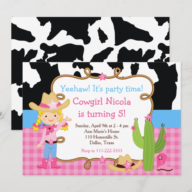 Blonde Cowgirl Western Birthday Party Invitation (Front/Back)