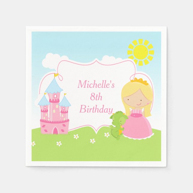 Blonde Cute Princess and Dragon Birthday Party Napkin (Front)