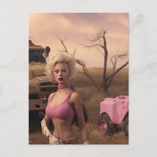blonde doll in pink post apocalyptic  postcard (Front)