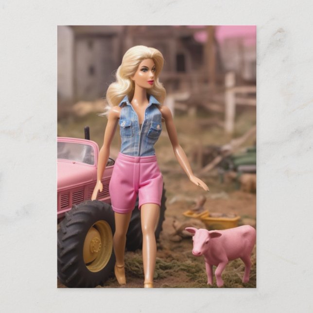 blonde doll on a post apocalyptic farm postcard (Front)