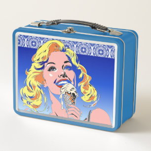 Blonde Eating Ice Cream Colourful 60s Pop Art Styl Metal Lunch Box